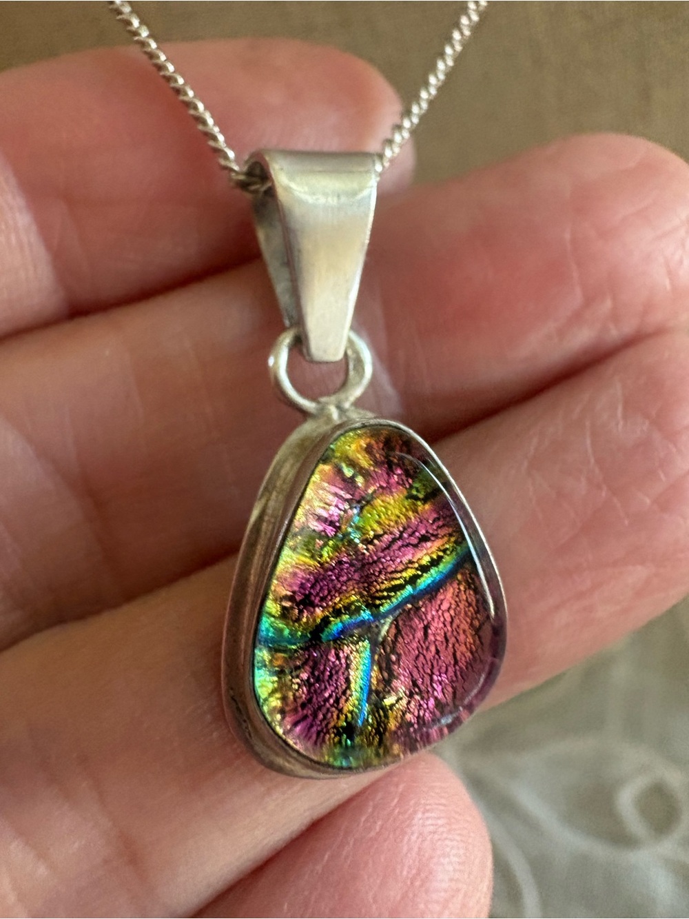 Alberta Ammolite Teardrop Pendant Necklace - Rare Iridescent Pink & Green